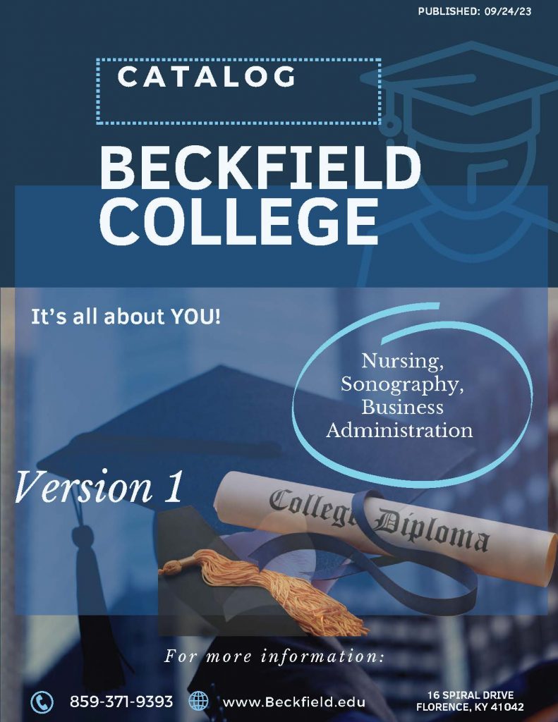 Cover image of the 2023-2024 Beckfield College Academic Catalog. Click to view and download the full PDF