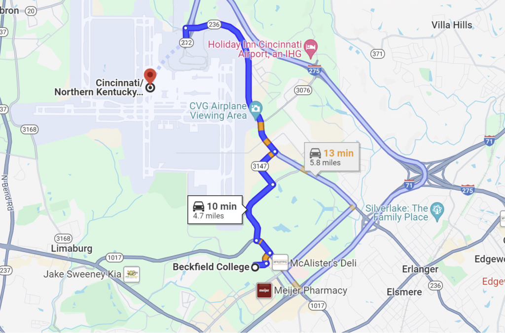 a screenshot from Google maps showing how far Beckfield college to CVG airport