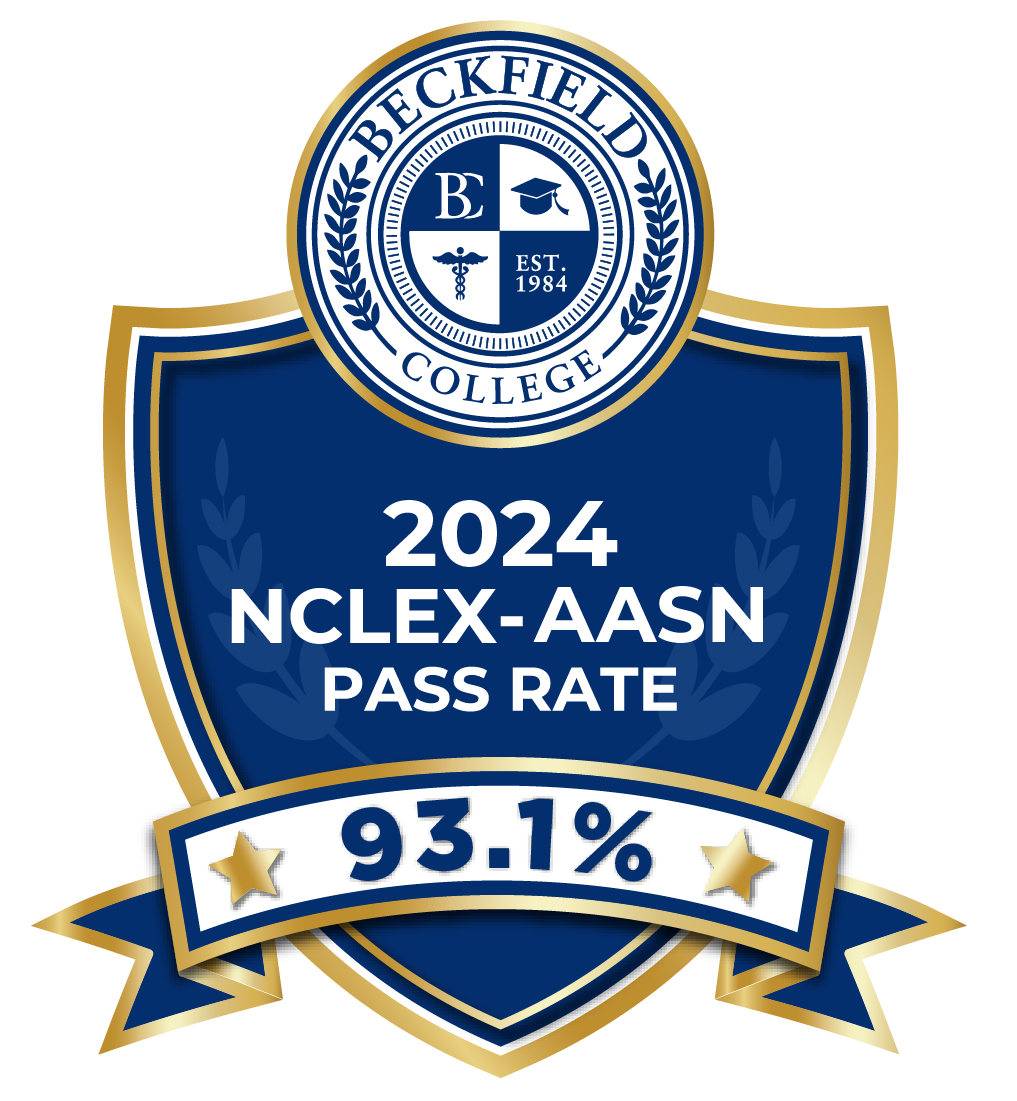 2023 NXLEX-RN passing rate badge for ADN program at Beckfield College.