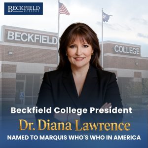 Dr. Diana Lawrence, President of Beckfield College, pictured in front of the Beckfield College building in a graphic announcing her recognition in Marquis Who’s Who in America.