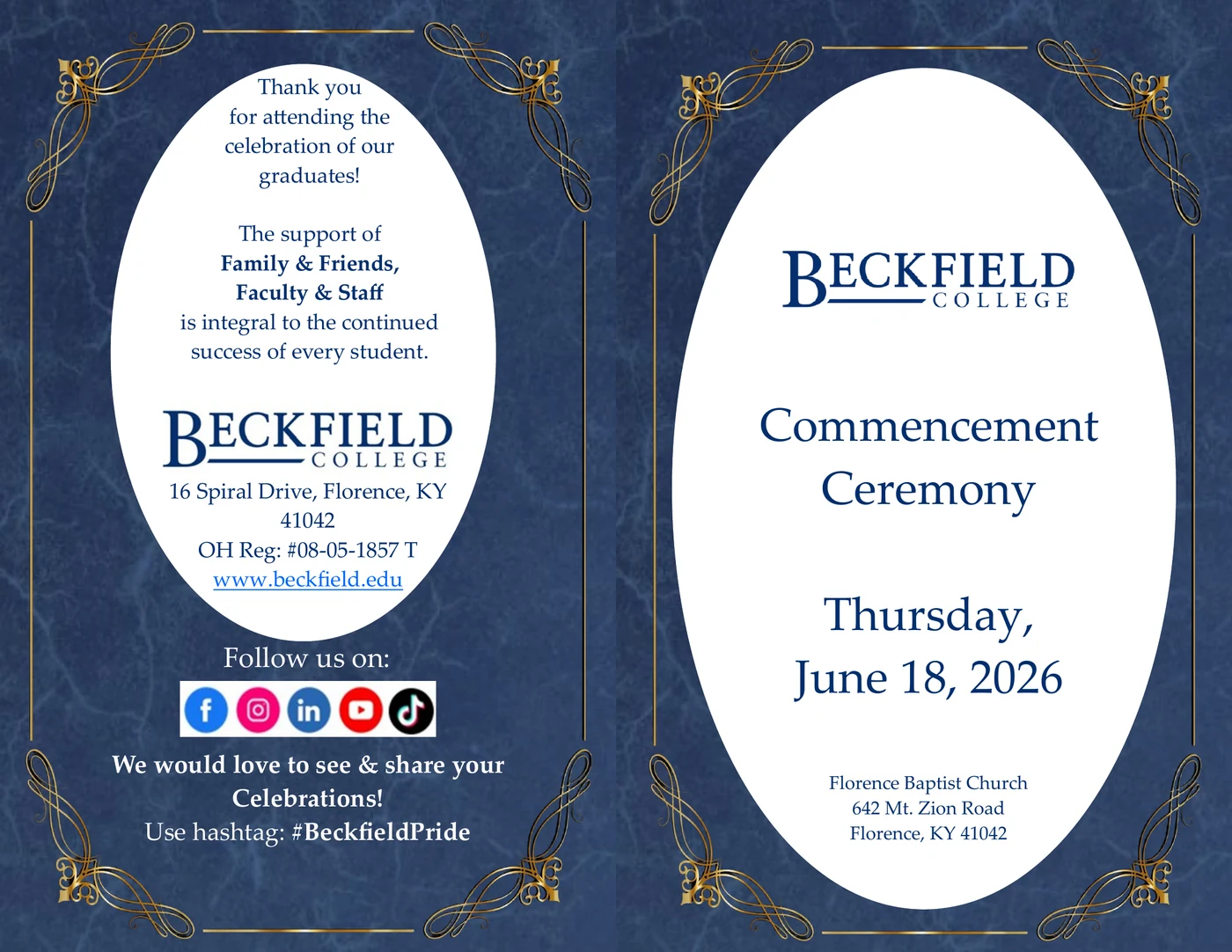 Beckfield College 2026 Commencement Ceremony program cover with event date, location, and hashtag BeckfieldPride