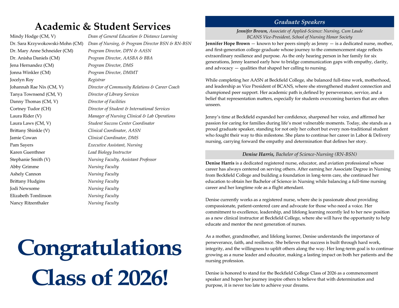 Academic and student services listing with graduate speaker biographies for Jennifer Brown and Denise Harris