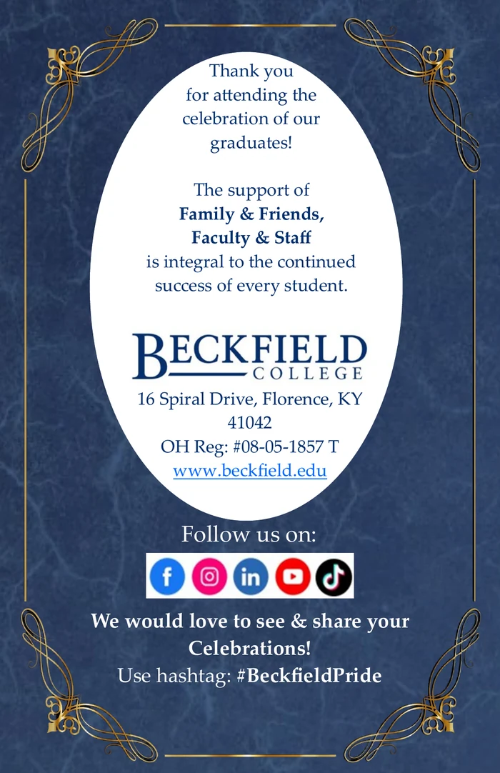 Back cover with Beckfield College address, social media icons, and hashtag BeckfieldPride