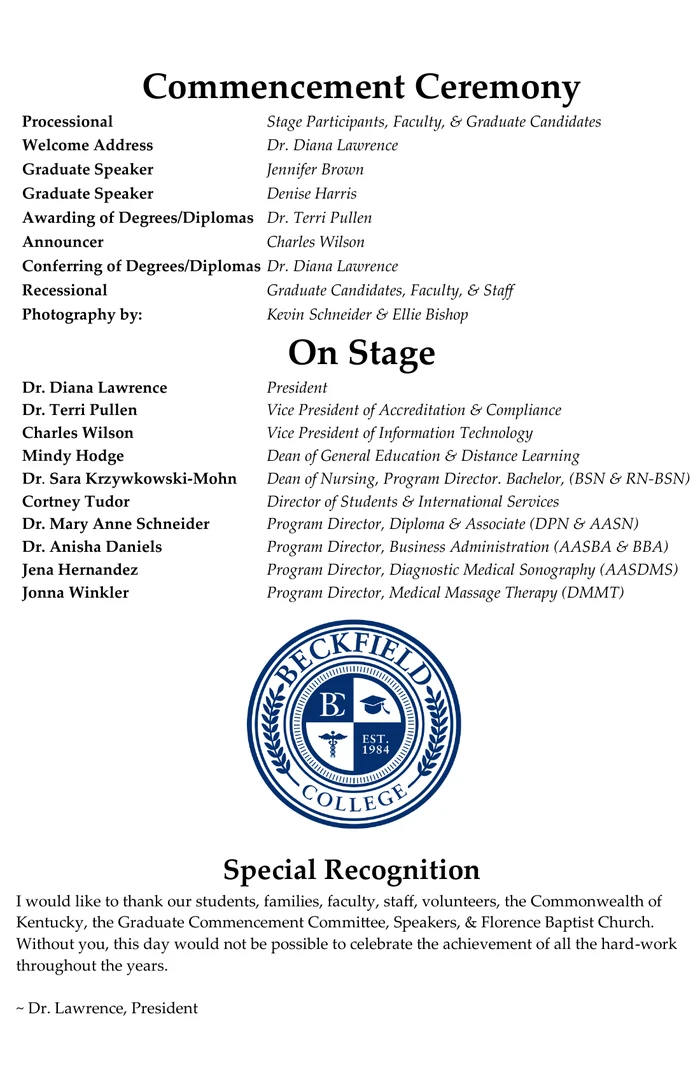 Ceremony order, on-stage participants, and special recognition