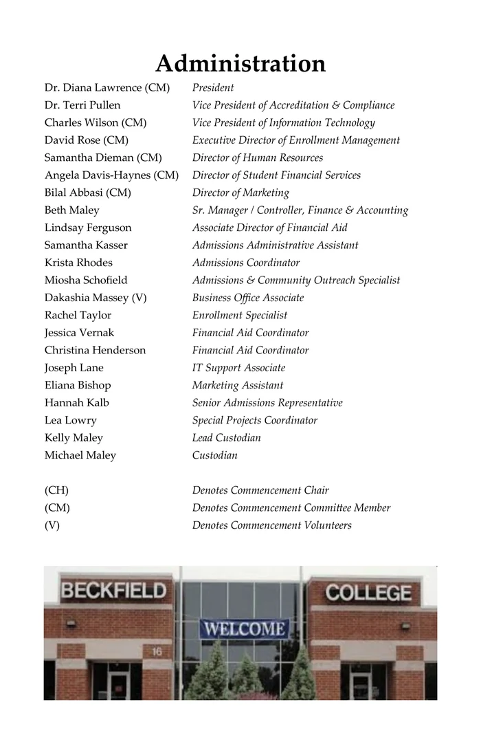 Beckfield College administration listing