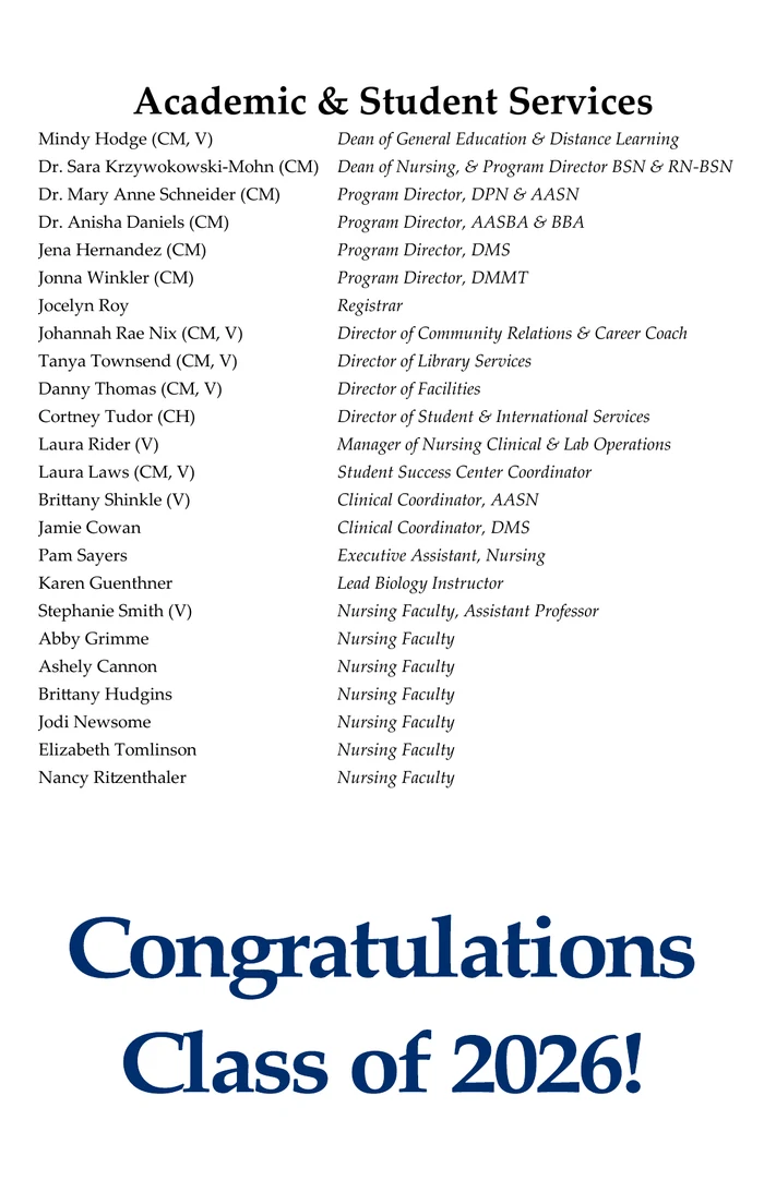 Academic and student services listing