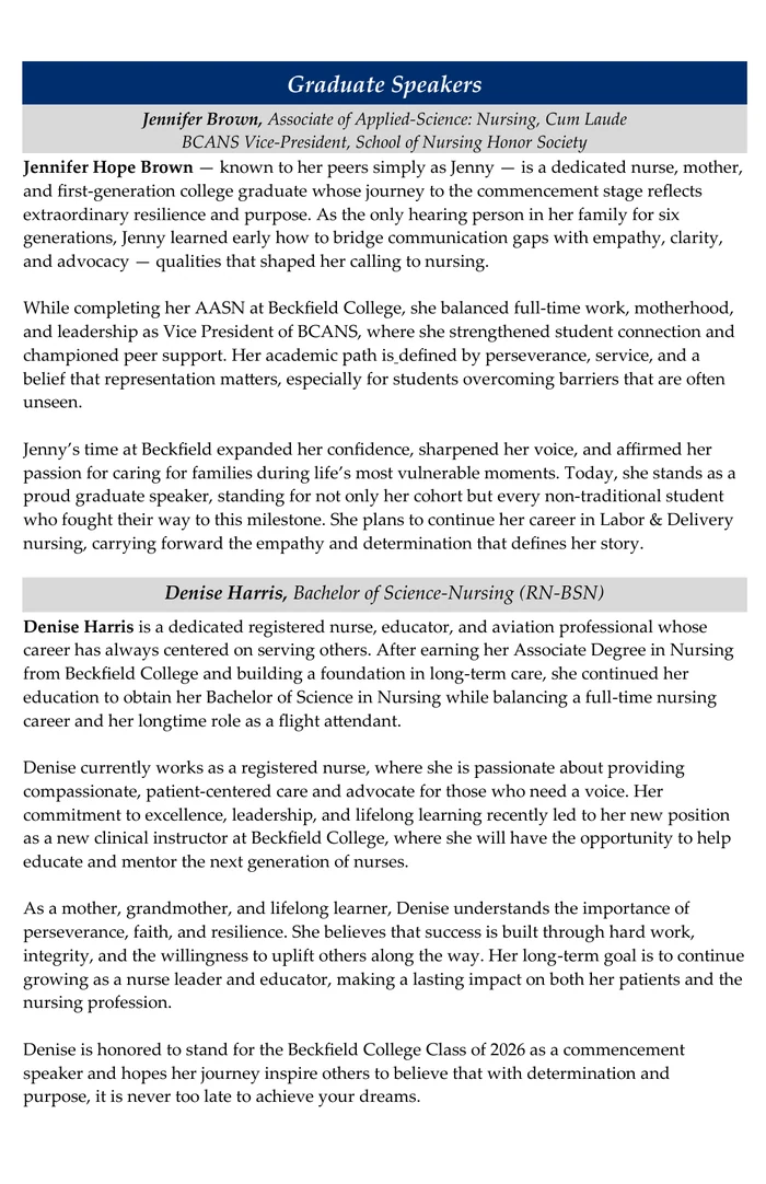 Graduate speaker biographies for Jennifer Brown and Denise Harris