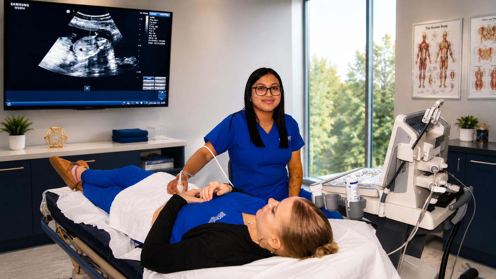 Diagnostic medical sonography student learning to perform an ultrasound examination