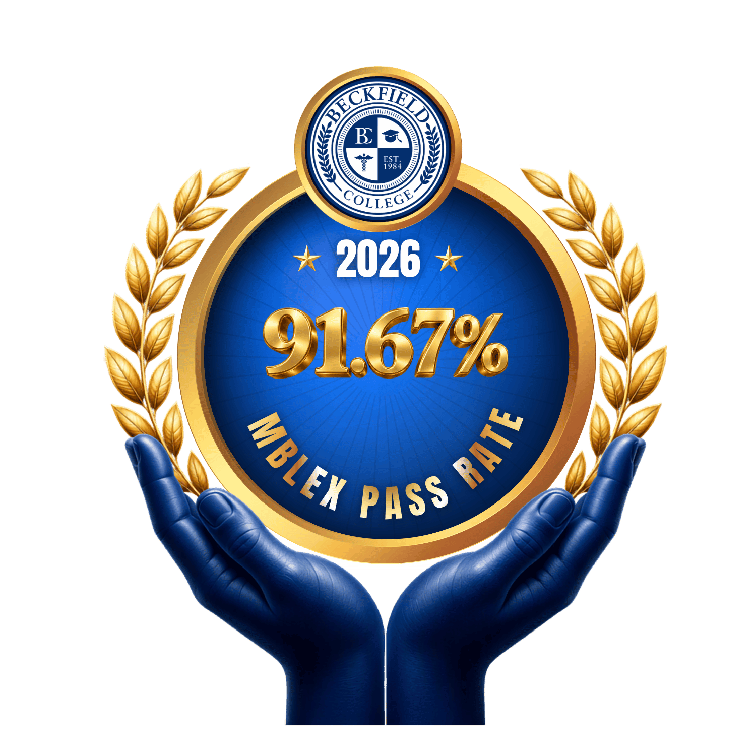 Beckfield College 2026 achievement badge recognizing a 91.67 percent first-time MBLEx pass rate